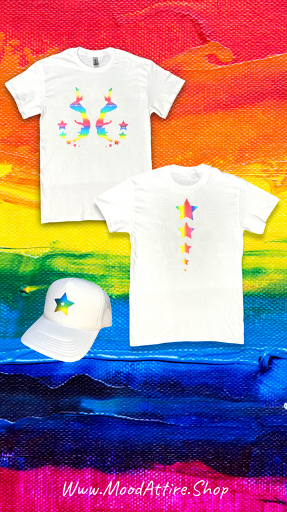 RISKY Multicolored Fall-in-Stars unisex tee + Trucker Hat